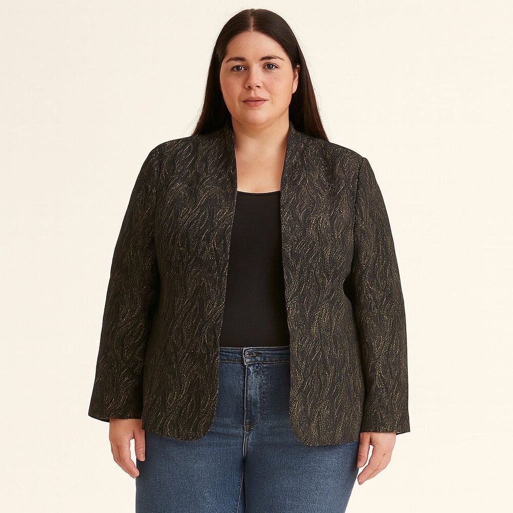 COLDWATER CREEK "Metallic Wave" Jacquard Long Sleeve Blazer Navy/Black/Gold 1X